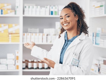 Pharmacist woman, portrait and shelf choice or show medicine stock, product and happy customer service. doctor or medical professional in pharmacy for inventory of drugs and healthcare store - Powered by Shutterstock