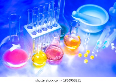 Pharmacological laboratory. Scientific research in medicine. Development of medicines. Testing the vaccine. The pharmacist's workplace. - Shutterstock ID 1966958251