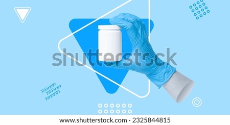 Pharmacology, medical research, laboratory analysis, presentation of a new drug. A hand in a medical glove holds a white opaque vial. Minimalist art collage.