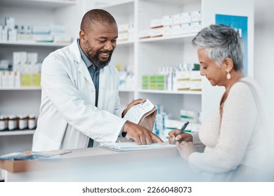 Pharmacy, black man and woman with healthcare medicine and conversation for instructions. Pharmacist, female patient and medical professional talking, stress and explain for customer and frustrated. - Powered by Shutterstock