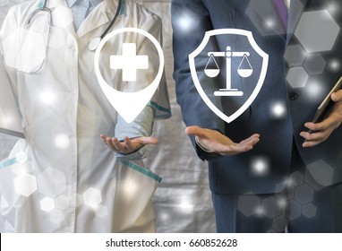 Pharmacy Compliance. Medicine Pharmaceutical Regulations. Pharmacist Offers Symbol Medical Cross With Map Marker, Businessman Represent Shield Scales Icon. Healthcare Laws, Rules, Rights.