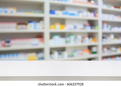 Pharmacy Counter Store Table Background With Medicine Shelves In Drugstore