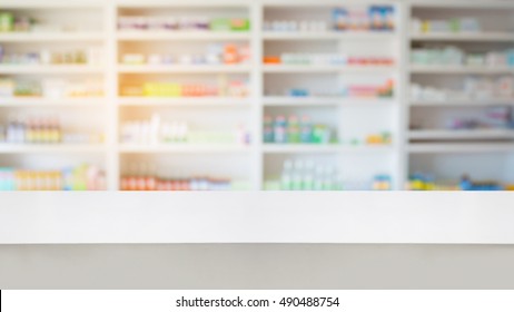 pharmacy drugstore background with wood counter