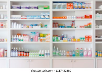 Pharmacy Drugstore Blur Abstract Background With Medicine And Healthcare Product On Shelves