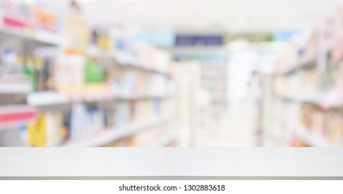 Pharmacy Drugstore Counter With Medicine And Vitamin Supplement On Shelves Blur Abstract Background For Montage Healthcare Product Display