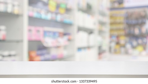 Pharmacy Drugstore Counter With Medicine And Vitamin Supplement On Shelves Blur Abstract Background For Montage Healthcare Product Display