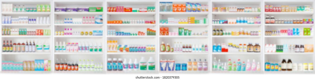 Pharmacy Drugstore Shelves Blur Pharmaceutical Medicine Product Panoramic Background