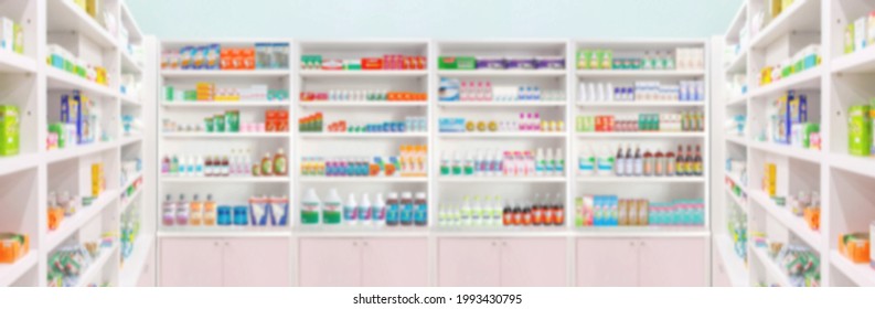 Pharmacy Drugstore Shelves Blur Pharmaceutical Medicine Product Panoramic Background