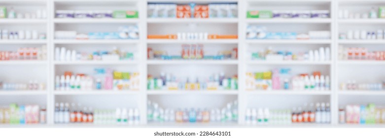 Pharmacy drugstore shelves interior blur medical background - Powered by Shutterstock