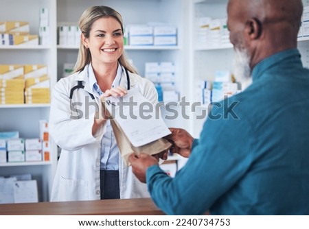 Pharmacy, happy pharmacist and customer with medicine or prescription pills helping with medical healthcare. Retail, shopping or doctor giving senior black man advice, medication or drugs in store