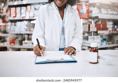 Pharmacy, healthcare and hands with medicine, clipboard and writing for safety of pills and info. Shop, pharmacist woman and checklist of label, product and process of prescription and person - Powered by Shutterstock