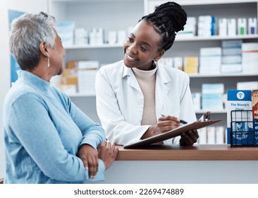 Pharmacy, healthcare or insurance with a customer and black woman pharmacist in a dispensary. Medical, clipboard and trust with a female medicine professional helping a patient in a drugstore - Powered by Shutterstock