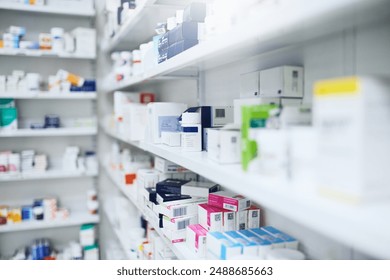 Pharmacy, medicine and box with healthcare store, shelf and prescription care pills. Medical, retail shop and supply of health supplements, vitamins and minerals for vitality and wellness dispensary - Powered by Shutterstock