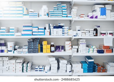 Pharmacy, medicine and box with vitamins shop, shelf and prescription care pills. Medical, retail store and supply of health supplements, healthcare and minerals for vitality and wellness dispensary - Powered by Shutterstock