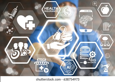 Pharmacy, Medicine And Healthcare Concept - Doctor Presses Icon Hand Hold Capsule Pill On Virtual Screen. Health Care Pharmaceutical Service. Drug Sign. Online IT Pharma Medical Treatment Technology.