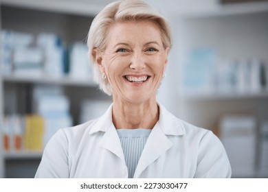 Pharmacy, pharmacist portrait and smile of woman in drugstore or medicine shop. Healthcare, doctor face and happy, proud and confident senior medical professional from Canada laughing for career. - Powered by Shutterstock