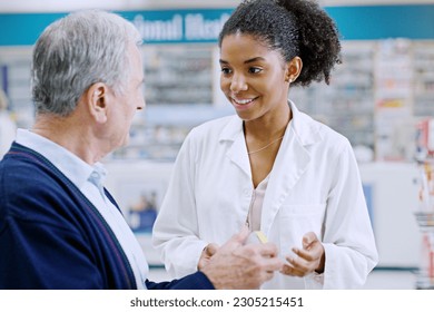 Pharmacy, pharmacist and woman with senior man for help, prescription or medical service in drug store. Healthcare, clinic and African female worker with old male for medicine, wellness or medication - Powered by Shutterstock