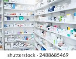 Pharmacy, pills and box with healthcare store, shelf and prescription care medicine. Medical, retail shop and supply of health supplements, vitamins and minerals for vitality and wellness dispensary