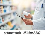 Pharmacy, pills and tablet with hands of person for medicine, advice and healthcare. Medical, insurance and antibiotic prescription with pharmacist for digital inventory, drugstore and dispensary