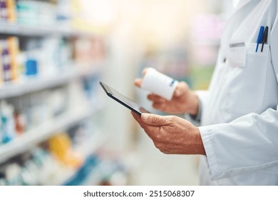 Pharmacy, pills and tablet with hands of person for medicine, advice and healthcare. Medical, insurance and antibiotic prescription with pharmacist for digital inventory, drugstore and dispensary - Powered by Shutterstock