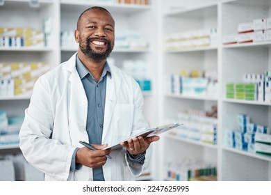 Pharmacy, portrait and black man with clipboard, medicine and pill prescription. African American male, pharmacist and medical professional writing, make notes for stock and inventory for healthcare. - Powered by Shutterstock