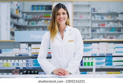 Pharmacy portrait, happy pharmacist and woman in drugs store, pharmaceutical service or healthcare shop. Hospital retail dispensary, medicine product shelf and medical person for clinic support help - Powered by Shutterstock