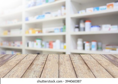 Pharmacy Product Display Counter With Drugstore Shelves Background