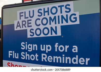 Pharmacy Sign Reminding People To Book Their Flu Shots Now For The Fall 2021 Season. Halifax, Canada. October, 2021.