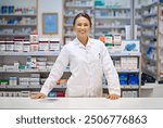 Pharmacy, smile and portrait of woman at counter in drugstore for customer service, advice and medicine. Prescription drugs, pharmacist and inventory with pills, medication and checkout at chemist