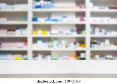 Pharmacy Store Background With White Table Counter