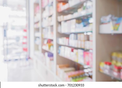 Pharmacy Store Interior With Medicine, Vitamin, Food Supplement And Healthcare Over The Counter Product On Medical Shelves Blur Drugstore For Background