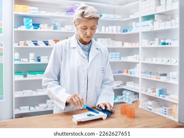 Pharmacy woman, pills and counting in store for stock, product and medicine for health on table with tools. Pharmacist sorting, management and focus for retail pharma for healthcare service in shop - Powered by Shutterstock