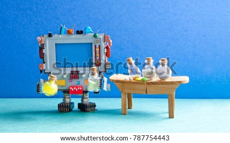 Pharmacyl laboratory interior. Artificial intelligence robot chemist pharmacist testing modern pills and antibiotics in glass bottles. Copy space photography.
