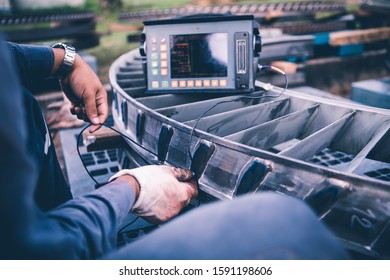 Phased array (PAUT), ultrasound tests to check for imperfections or faults in external steel pipe welding, NDT inspection. - Shutterstock ID 1591198606