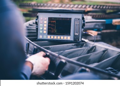 Phased array (PAUT), ultrasound tests to check for imperfections or faults in external steel pipe welding, NDT inspection. - Shutterstock ID 1591202074