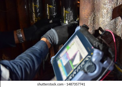 Phased Array Ultrasonics (PAUT) inspect the welding of water tube in power plant. Focus inspection area. - Shutterstock ID 1487357741