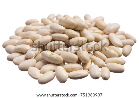Phaseolus vulgaris is scientific name of Navy Bean legume. Also known as Haricot, Pearl Bean and Feijao Branco. Pile of grains, isolated white background.