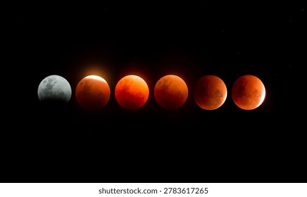Phases of a lunar eclipse captured in a stunning sequence against the night sky.