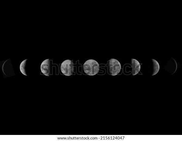 Phases of the moon from increasing in size to\
decrasing again in the night\
sky.
