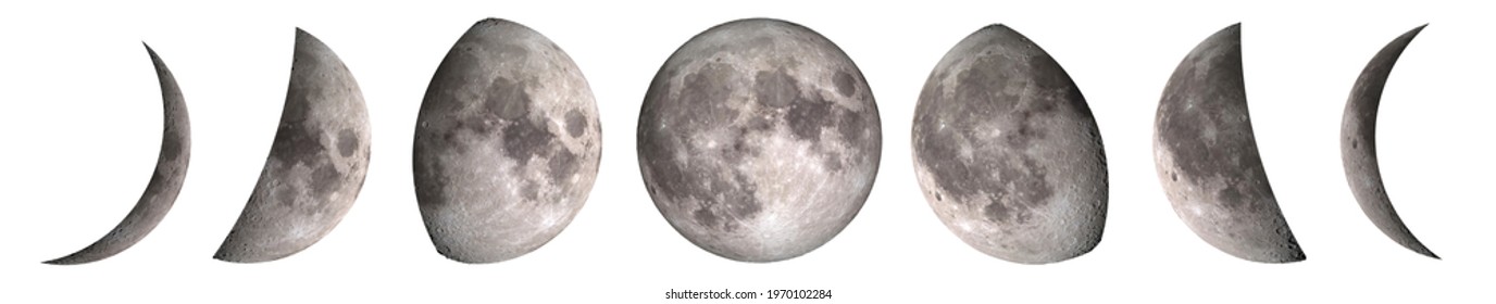 Phases of the Moon set isolated on white: waxing crescent, first quarter, waxing gibbous, full moon, waning gibbous, third guarter, waning crescent, new moon. Elements of this image furnished by NASA.