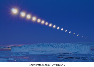 Phases Of The Moon At The South Pole. Antarctica. Photo With A Delay In Time