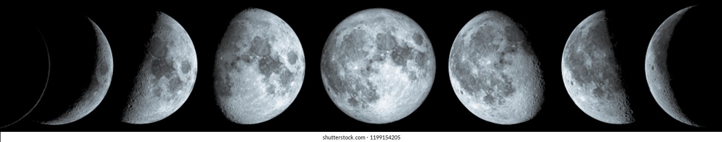 Phases of the Moon: waxing crescent, first quarter, waxing gibbous, full moon, waning gibbous, third guarter, waning crescent, and new moon. The elements of this image furnished by NASA.