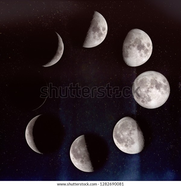 Phases of the Moon: waxing crescent, first quarter,\
waxing gibbous, full moon, waning gibbous, third guarter, waning\
crescent, new moon. On a starry sky. The elements of this image\
furnished by NASA.