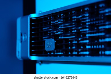 Phatthalung ,THAILAND - FEB 15 2020 : Close up CISCO logo on UCS C240 M4 , Unified Computing Servers in data center room. black light and blue tone. - Shutterstock ID 1646278648