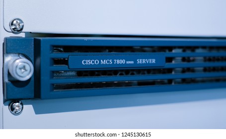 Phatthalung , THAILAND - NOV 29 2018 : Close Up Cisco Logo On MCS 7800 Server , Media Convergence Servers In Data Center Room.