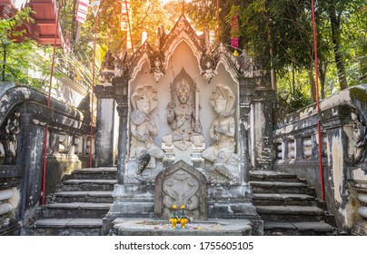 Phayao, Thailand - Dec 1, 2019: Indra and Follower Statue on Stone Platform with Natural Light in Analayo Temple or Wat Analayo at Phayao Thailand