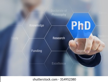 PhD Student Pushing Button About Doctorate Of Philosophy Concept