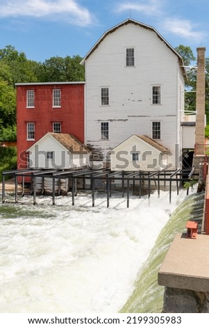Phelps Mill historical flour mill on the Ottertail River in rural Minnesota, USA.

