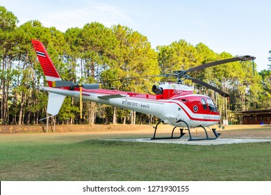 PHETCHABOON, THAILAND - DEC.25, 2018 : Airbus Eurocopter AS350 helicopter of Ministry of Natural Resources and Environment of Thailand at Tung Salang Luang National Park park on the helipad