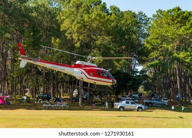 PHETCHABOON, THAILAND - DEC.25, 2018 : Airbus Eurocopter AS350 helicopter of Ministry of Natural Resources and Environment of Thailand at Tung Salang Luang National Park taking off